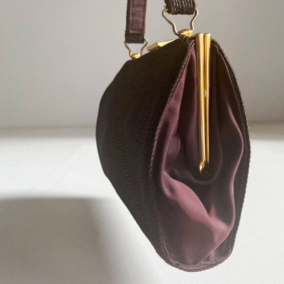 Vintage Chocolate Brown Cordé Textured Fabric Detail Small Evening Handbag \ - Picture 4 of 8